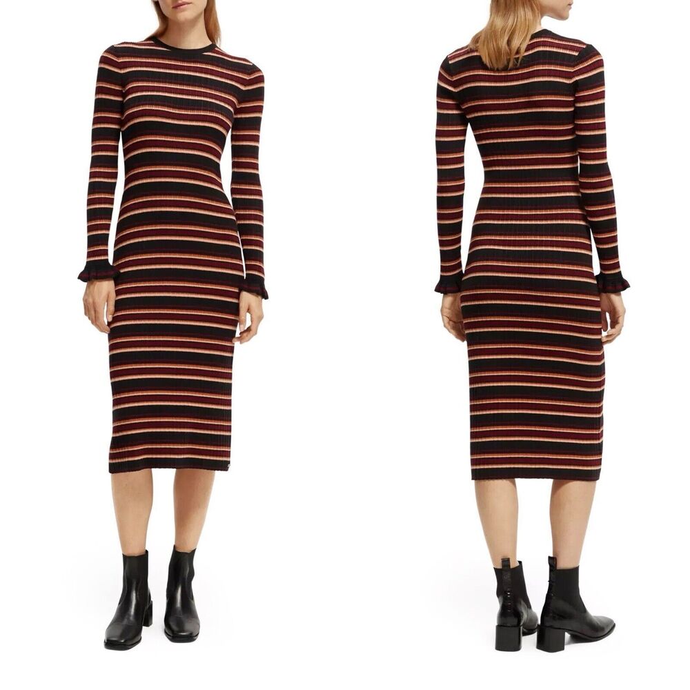 Scotch & Soda Striped Crew Neck Knit Midi Dress Long Sleeve \ S